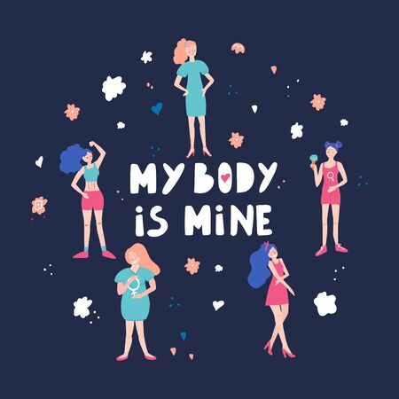 Women rights concept. Protest against abortion ban. Me body belongs to me - hand drawn lettering.のイラスト素材