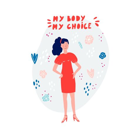 Women rights concept. Protest against abortion ban. My body my choice - hand drawn lettering. Illustration of woman in red dress.のイラスト素材