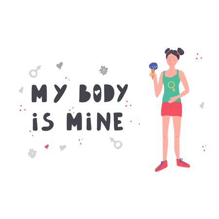 Women rights concept. Protest against abortion ban. My body is mine - hand drawn lettering. Illustration of girl with ice-creamのイラスト素材