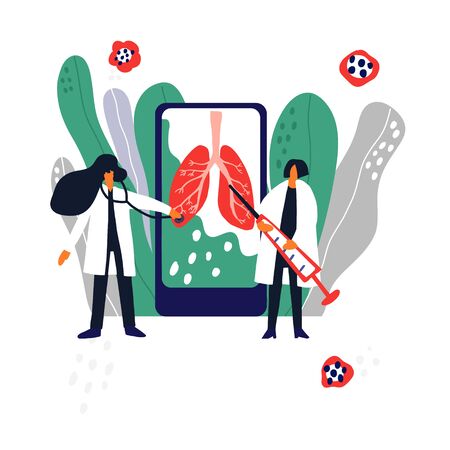 Two doctors treat coronavirus lungs. Cartoon hand drawn design. Medical illustration. Lungs health check flat illustrationのイラスト素材