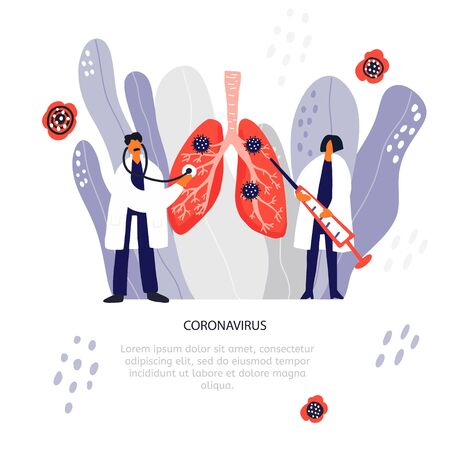 Two doctors treat coronavirus disease. Medical illustration. Lungs health check banner templateのイラスト素材