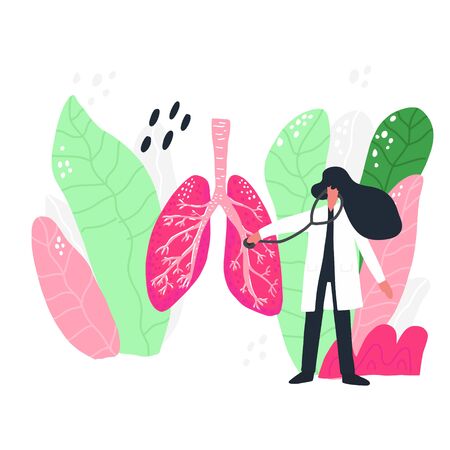 Doctor treat lungs. Cartoon hand drawn design. Medical illustration.のイラスト素材