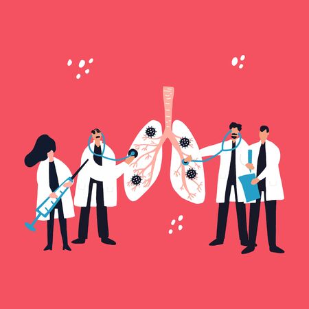 Four doctors treat coronavirus disease. Cartoon hand drawn design. Medical illustrationのイラスト素材
