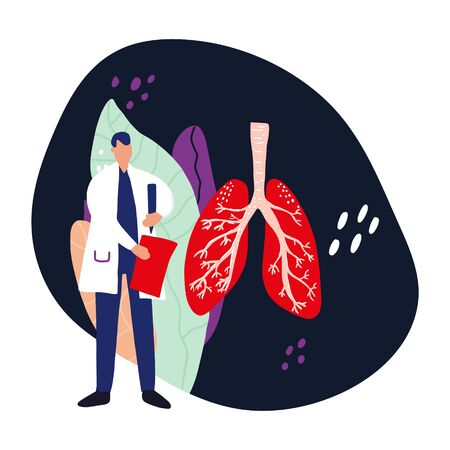 Doctor treat lungs. Cartoon hand drawn design. Medical illustration.のイラスト素材