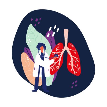 Doctor treat lungs. Cartoon hand drawn design. Medical illustration.のイラスト素材