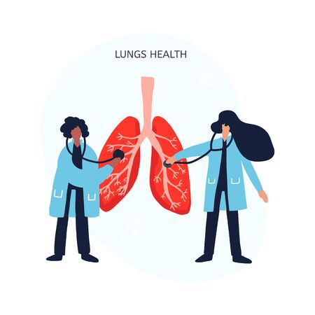 Doctors treat lungs. Cartoon hand drawn design. Medical illustration.のイラスト素材
