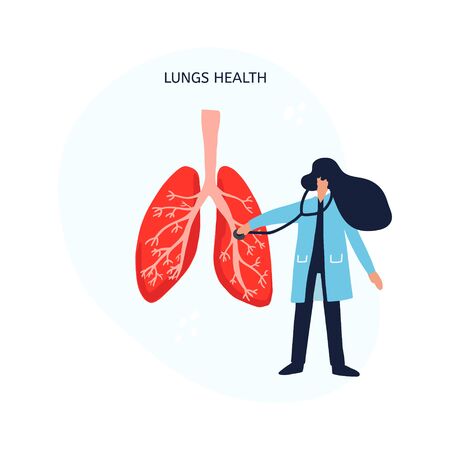Doctor treat lungs. Cartoon hand drawn design. Medical illustration.のイラスト素材