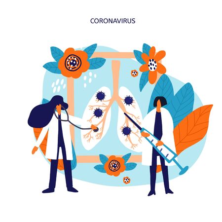 Two doctors treat coronavirus disease. Medical illustration. Lungs health check banner templateのイラスト素材
