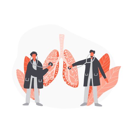 Doctors treat lungs. Cartoon hand drawn design. Medical illustration.のイラスト素材