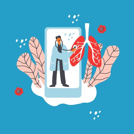 Doctor treat coronavirus lungs. Cartoon hand drawn design. Medical illustration. Lungs health check flat illustrationのイラスト素材