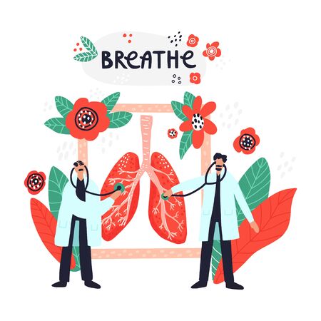 Two doctors treat lungs. Cartoon hand drawn design. Medical illustration.のイラスト素材