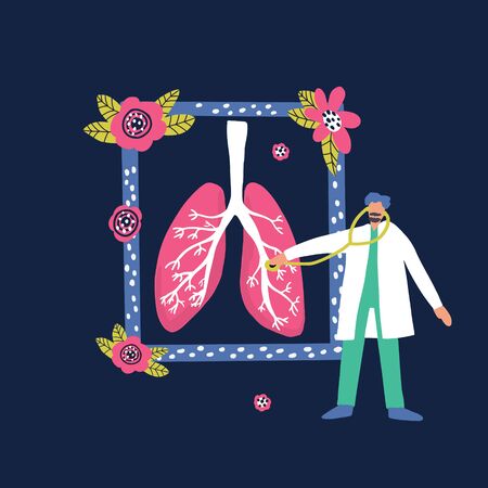 Doctor treat lungs. Cartoon hand drawn design. Medical illustration.のイラスト素材