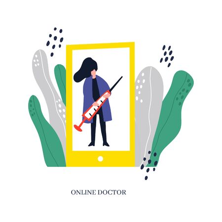 Doctor consultation online app concept. Cartoon hand drawn design.のイラスト素材