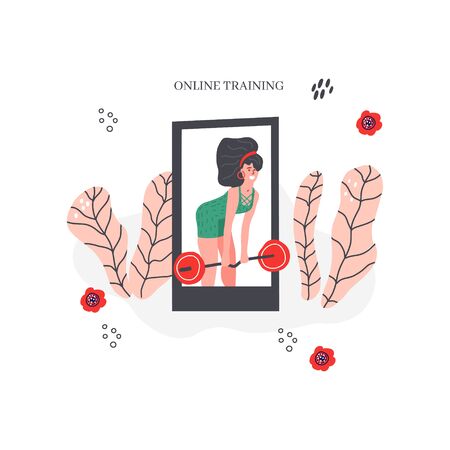 Personal trainer online. Active lifestyle and fitness training. Modern flat cartoon style. Woman doing barbell deadliff.のイラスト素材