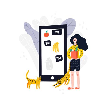 Woman holding package box with groceries. Hand drawn vector Illustrationのイラスト素材