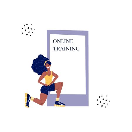 Personal trainer online. Active lifestyle and fitness training. Modern flat cartoon style. Woman doing lunges.のイラスト素材