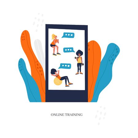 Personal trainer online. Active lifestyle and fitness training. Modern flat cartoon style.のイラスト素材