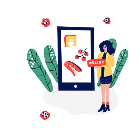 Woman holding word online. Hand drawn vector Illustrationの写真素材