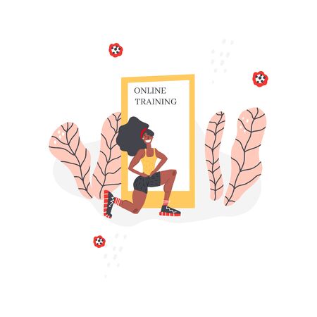 Personal trainer online. Active lifestyle and fitness training. Modern flat cartoon style. Woman doing lunges.の写真素材