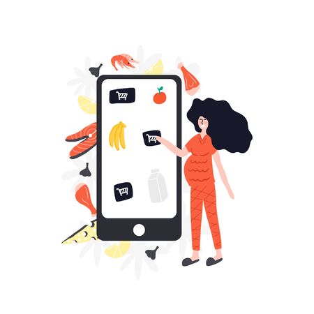 Pregnant woman making order online. Hand drawn vector Illustrationの写真素材