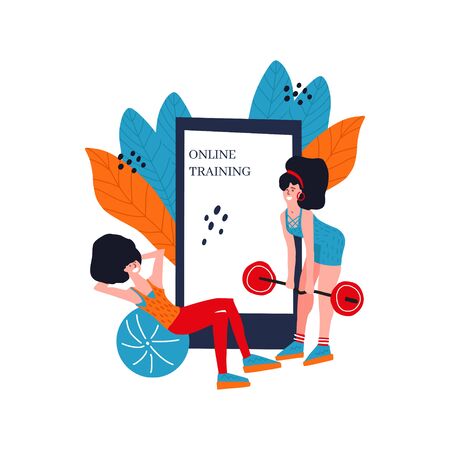 Personal trainer online. Active lifestyle and fitness training. Modern flat cartoon style.の写真素材