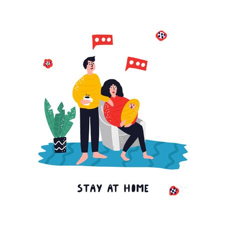 Woman and man are at home. Stay home concept vector illustration. のイラスト素材