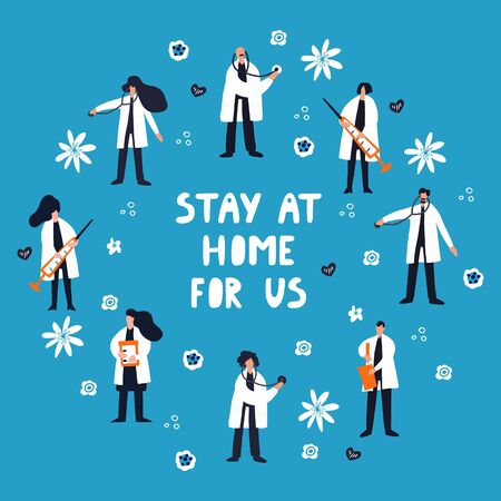 Stay at home for us - hand drawn vector lettering. Coronavirus concept.のイラスト素材