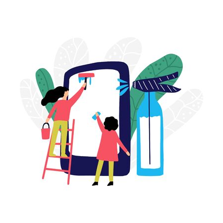 Two women clean gadget. Clean gadgets concept. のイラスト素材