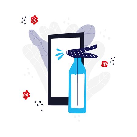 Illustration of mobile phone and sanitizer. Clean gadgets conceptのイラスト素材