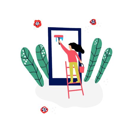 Woman cleaning gadget. Clean gadgets concept. のイラスト素材