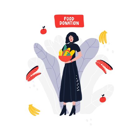 Woman holding basket with food.のイラスト素材