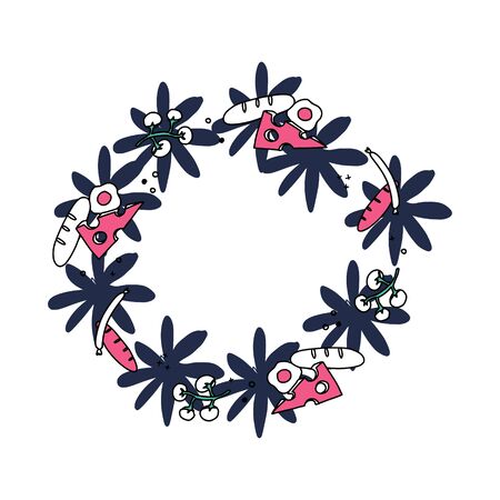 Frame with different elements as flowers, eggs, cheese and bread. のイラスト素材