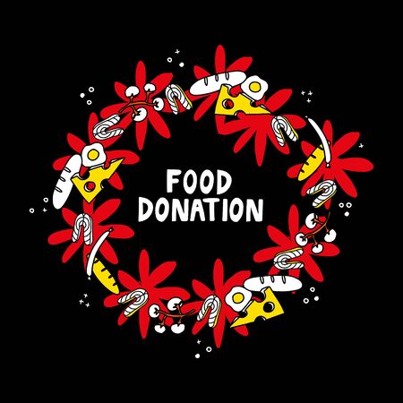 Food donation - hand drawn vector lettering. Food donation hand drawn vector illustration in doodle style.のイラスト素材