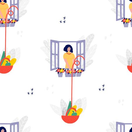 Woman offering free food out of window. Seamless patternのイラスト素材