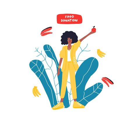  African American woman and different food as pasta, bread, meat, fish and milk. のイラスト素材