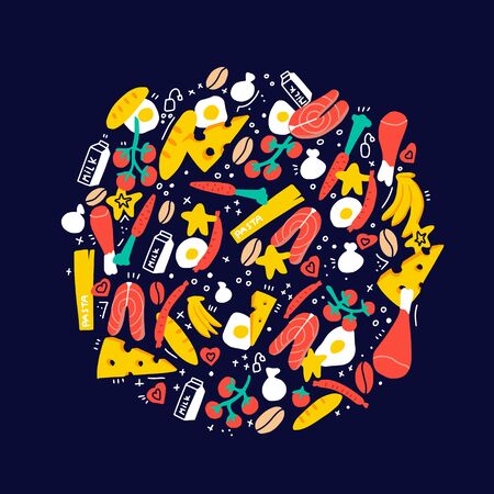 Hand drawn illustration with different food as fish, meat, cheese, pasta. のイラスト素材