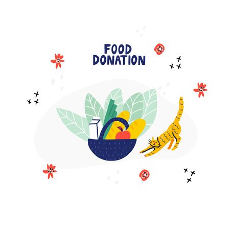  Vector illustration of basket with food and cat.のイラスト素材