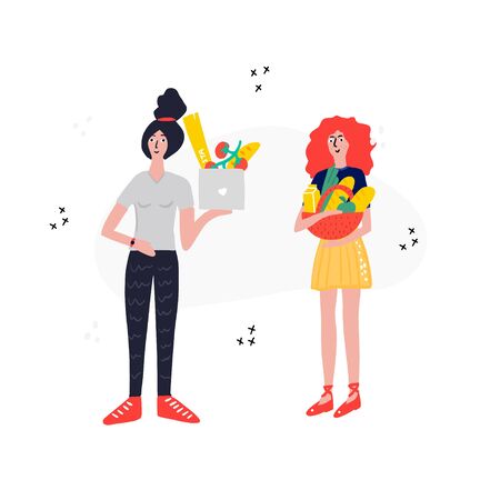 Family holding baskets with free food.のイラスト素材