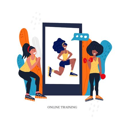 Personal trainer online. Active lifestyle and fitness training. Modern flat cartoon style. のイラスト素材