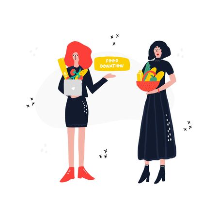 Family holding baskets with free food.のイラスト素材