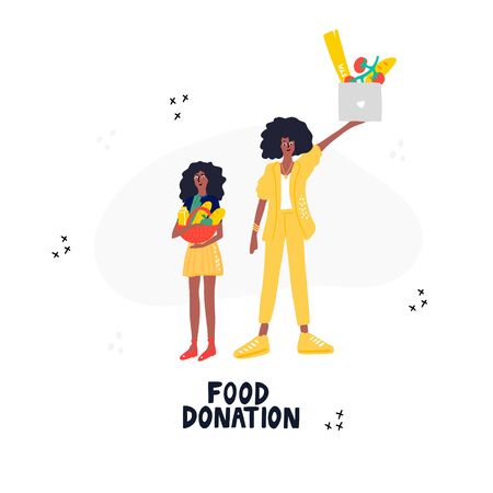 Food donation - hand drawn vector illustration. African American family holding baskets with free food.のイラスト素材