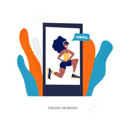 Personal trainer online. Active lifestyle and fitness training. Modern flat cartoon style. Woman doing lunges.のイラスト素材