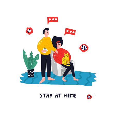 Woman and man are at home. Family with catのイラスト素材