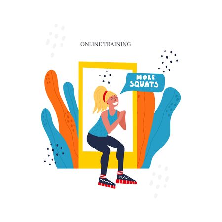 Personal trainer online. Active lifestyle and fitness training. Modern flat cartoon style.のイラスト素材