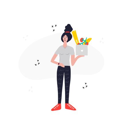 Woman holding basket with food.のイラスト素材