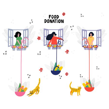 Women offering free food out of windowsのイラスト素材