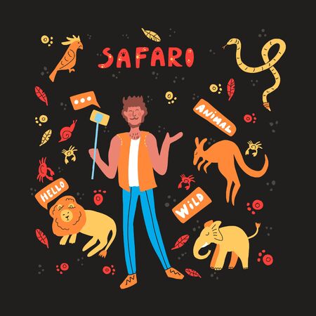 Cute hand drawn vector illustration with African animals as lion, snake, elephant, kangaroo.のイラスト素材