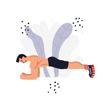 Active lifestyle and fitness training. Modern flat cartoon style. Man doing plank vector illustrationのイラスト素材