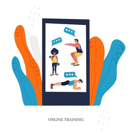 Personal trainer online. Active lifestyle and fitness training. Modern flat cartoon style.のイラスト素材
