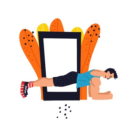 Personal trainer online. Active lifestyle and fitness training. Modern flat cartoon style. Man doing plank vector illustrationのイラスト素材